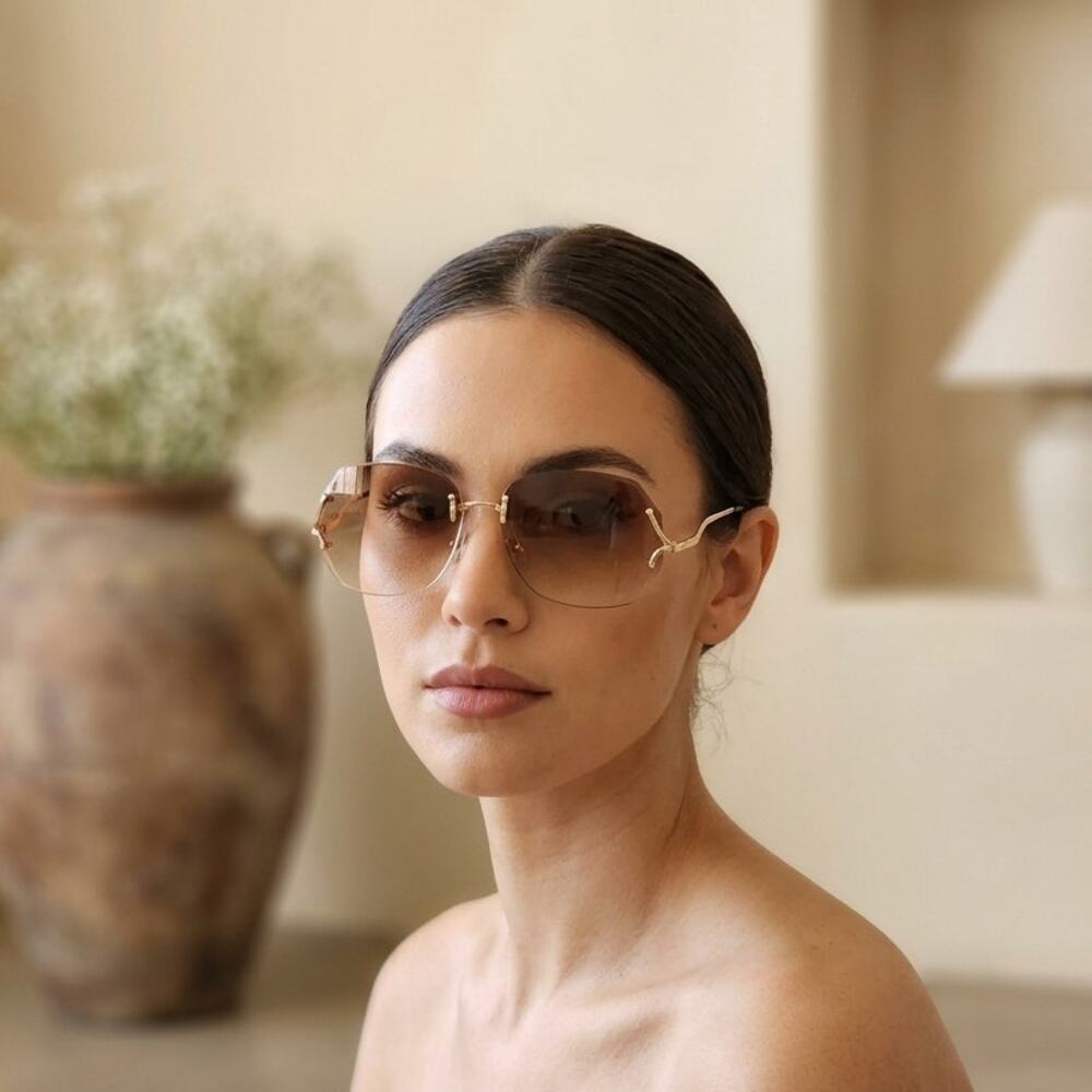 New Jackie O Sunglasses Womens Brown Gold Oversized Rimless Butterfly Gradient
